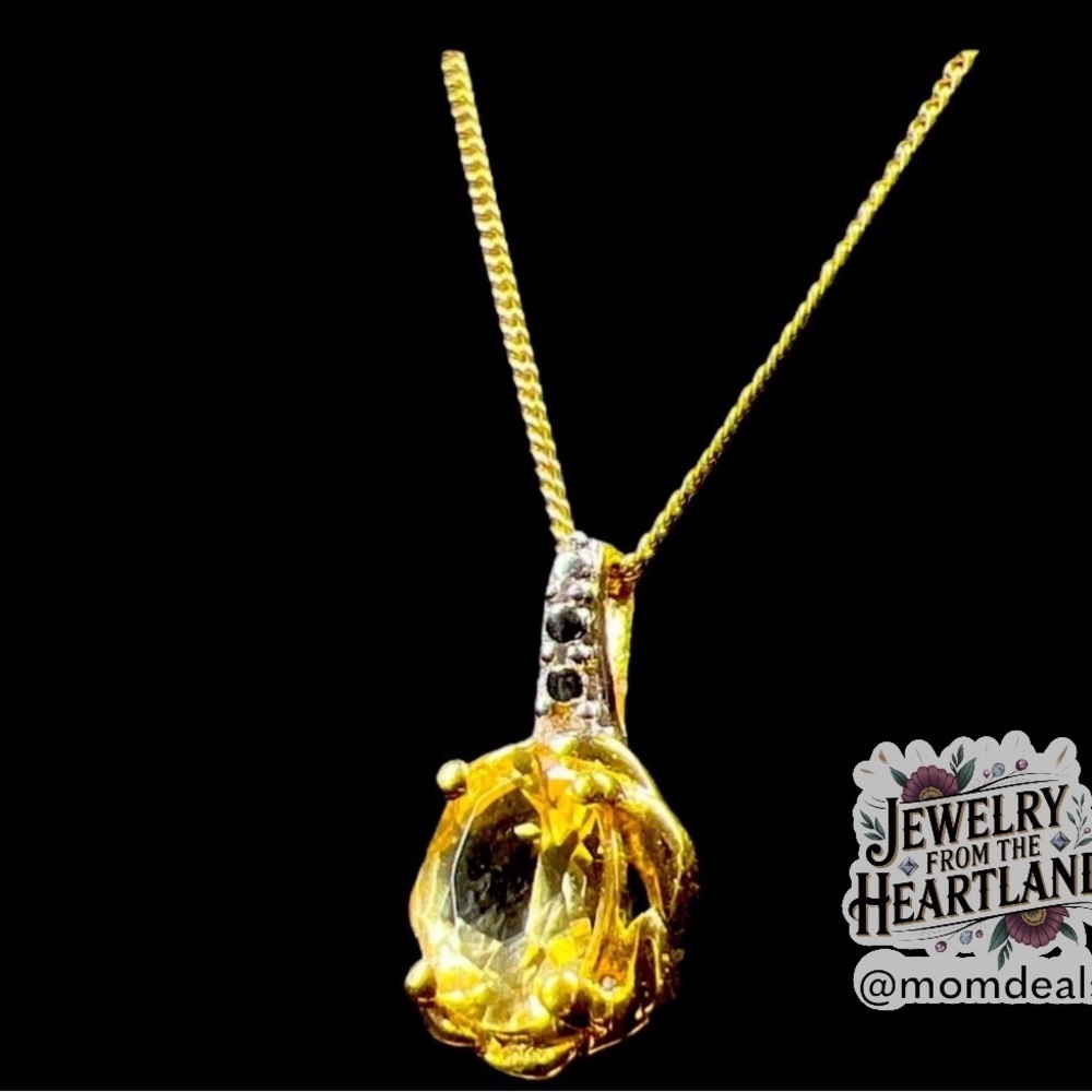 Vintage Yellow Quartz Gemstone Pendant Necklace Vermeil Gold 925 SterlingSilver